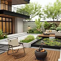 Modern Courtyard Garden With Wooden Deck Lush Greenery Outdoor Sofa Water Feature And Fire Pit