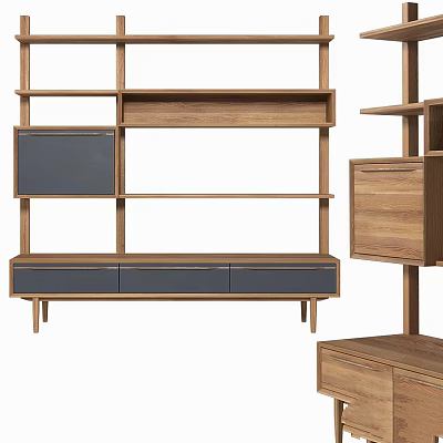Modern Wooden Storage Shelving Unit With Multiple Shelves And Drawer Compartments 3d model