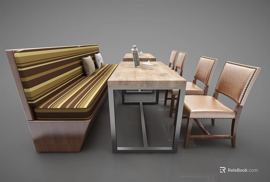 Stylish Dining Table Set With Striped Banquette Sofa Wooden Chairs And Metal Legs 3d model 