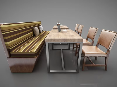 Stylish Dining Table Set With Striped Banquette Sofa Wooden Chairs And Metal Legs 3d model
