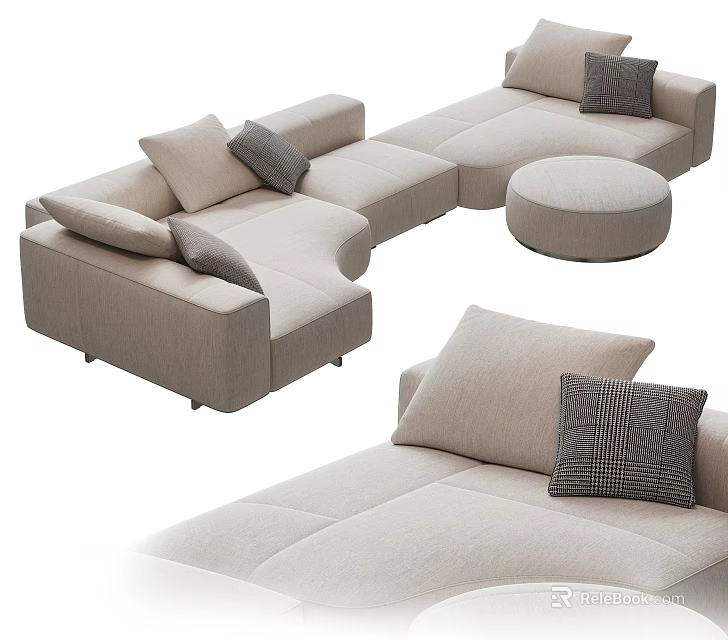 Light Gray Modular Fabric Sectional Sofa With Decorative Pillows Round Ottoman 3d model