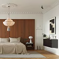 Cozy Bedroom Interior With Wooden Headboard Wall Pendant Lamp Beige Bedding Nightstands And Area Rug