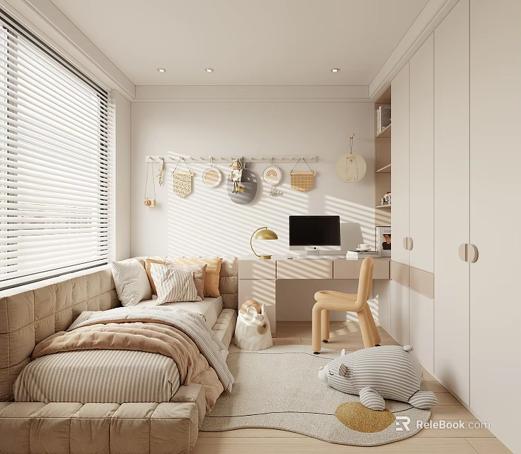Bright Kids Room Interior With Blinds Wall Decor Desk Wooden Chair And Stuffed Toys 3d model 