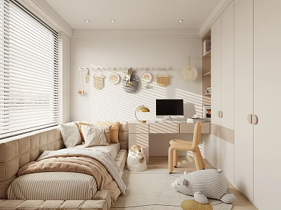 Bright Kids Room Interior With Blinds Wall Decor Desk Wooden Chair And Stuffed Toys 3d model