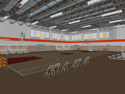 Basketball Gymnasium Interior Design With Court Bleachers Lighting And Folding Chairs 3d model