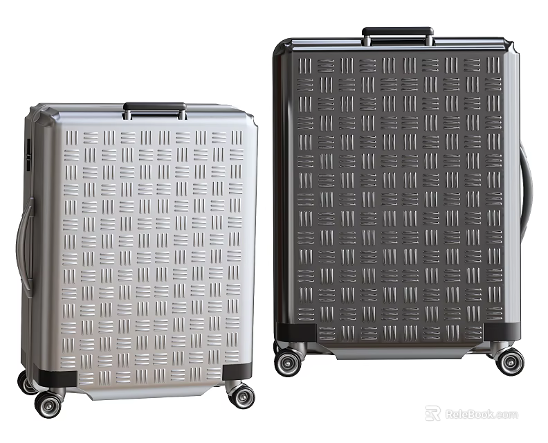 Two Stylish Luggage Silver And Dark Gray With Diamond Pattern And Rolling Wheels For Travel 3d model 