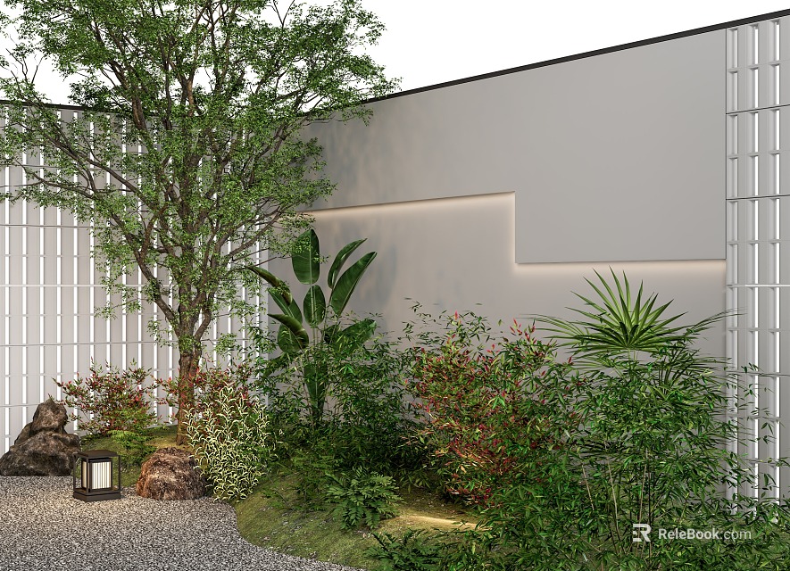 Lush Courtyard Garden with Green Trees Diverse Plants White Wall Stone Path and Soft Lighting 3d model 