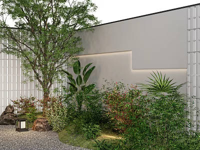 Lush Courtyard Garden with Green Trees Diverse Plants White Wall Stone Path and Soft Lighting 3d model