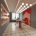 Public Office Space With Light Blue Walls Round Pendant Lights And Red Decorative Wall