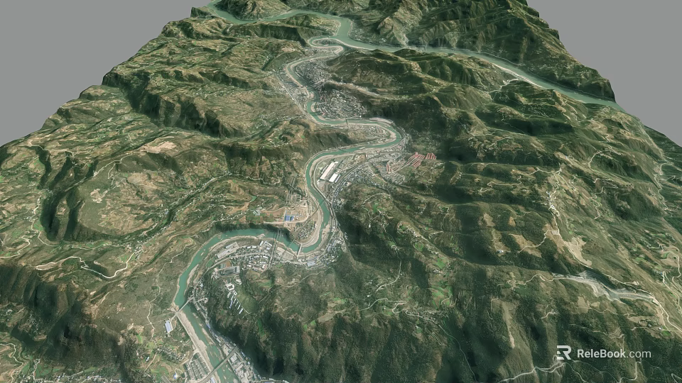 Aerial View Of Mountainous Landscape With Winding River And Village Valley 3d model 