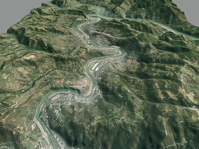 Aerial View Of Mountainous Landscape With Winding River And Village Valley 3d model