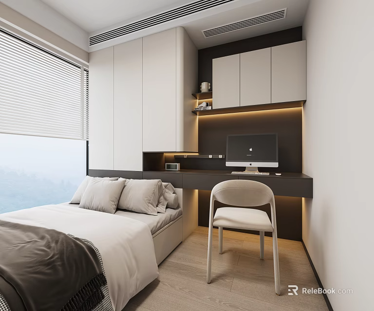 Modern Tatami Bedroom With Tatami Bed Pillows Desk Computer And White Cabinets 3d model 