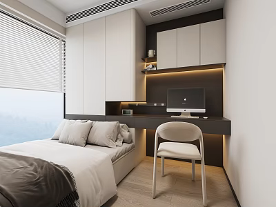Modern Tatami Bedroom With Tatami Bed Pillows Desk Computer And White Cabinets 3d model