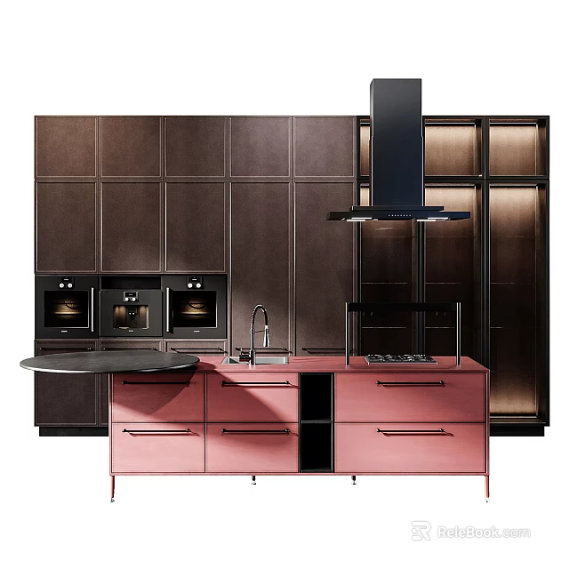 Dark Wood Cabinets Modern Kitchen Interior With Pink Island Range Hood And Appliances 3d model 