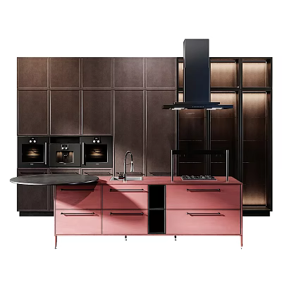 Dark Wood Cabinets Modern Kitchen Interior With Pink Island Range Hood And Appliances 3d model