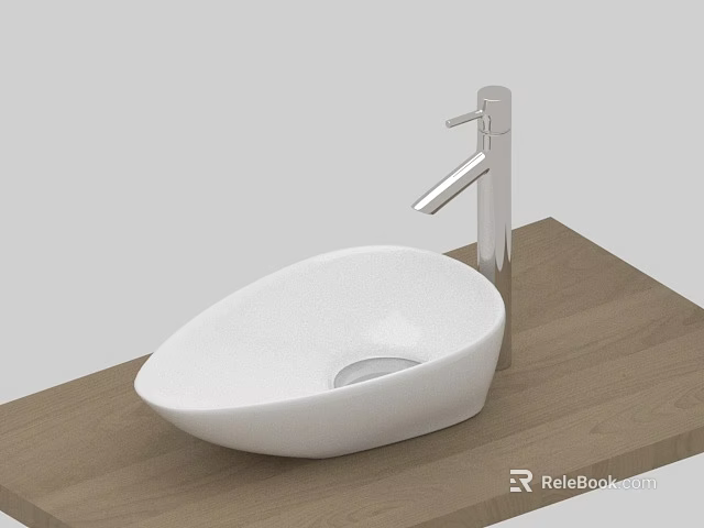 Stylish Modern White Washbasin With Silver Faucet On Wooden Countertop 3d model 