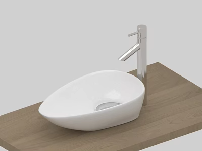 Stylish Modern White Washbasin With Silver Faucet On Wooden Countertop 3d model