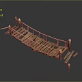 Wooden Bridge Structure Design With Plank Flooring Rope Railings And Red Pillars
