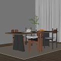Modern Wooden Dining Table and Chairs Set With Potted Plant Fruits and Book