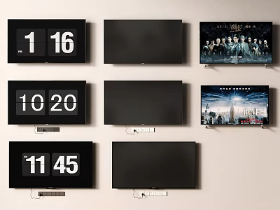 Multiple Wall Mounted TVs with Digital Clocks Black Screens and Movie Content 3d model