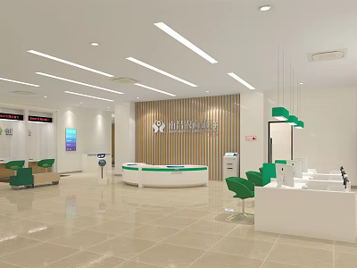 Service Hall Interior With Modern Design Bright Lighting Green Chairs White Counter And Wooden Wall 3d model