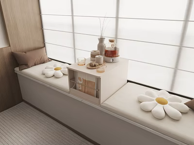 Cozy Bay Window Cabinet Design With White Daisy Shaped Cushions And Wooden Elements 3d model