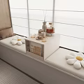 Cozy Bay Window Cabinet Design With White Daisy Shaped Cushions And Wooden Elements