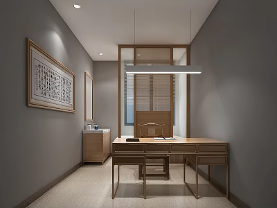 Minimalist Home Office With Wooden Desk Calligraphy Artwork And Soft Lighting 3d model
