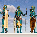 Game Movie Character Knights in Turquoise Armor Holding Swords and Shields Blue Sky Clouds