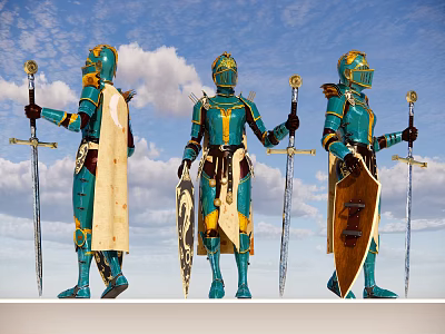 Game Movie Character Knights in Turquoise Armor Holding Swords and Shields Blue Sky Clouds 3d model