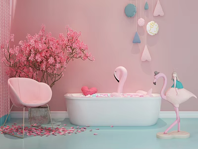 White Bathtub in Pink Room with Cherry Blossom Tree Flamingo Dolls and Heart Decoration 3d model