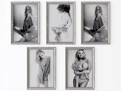Five Framed Black And White Female Portrait Paintings On Wall 3d model