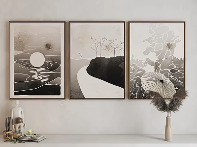 Three Modern Black and White Abstract Paintings with Sun Trees Path and Floral Patterns 3d model
