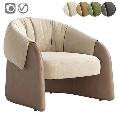 Modern Single Seater Sofa With Beige Fabric And Brown Leather Curved Armrests 3d model