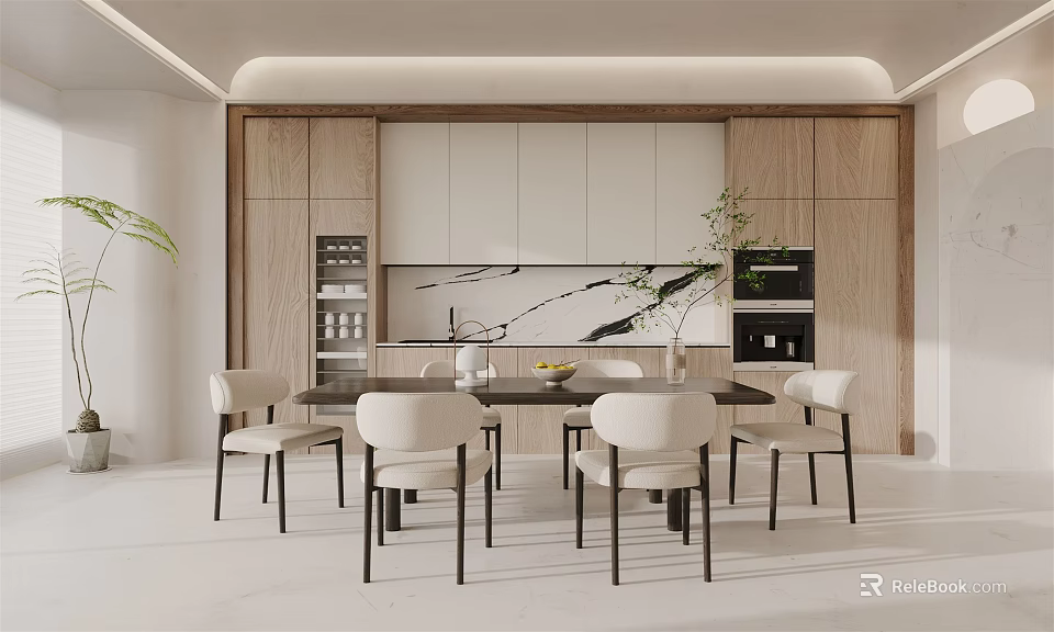 Modern Restaurant Interior With Dining Table Chairs And Wooden Kitchen Cabinets 3d model 