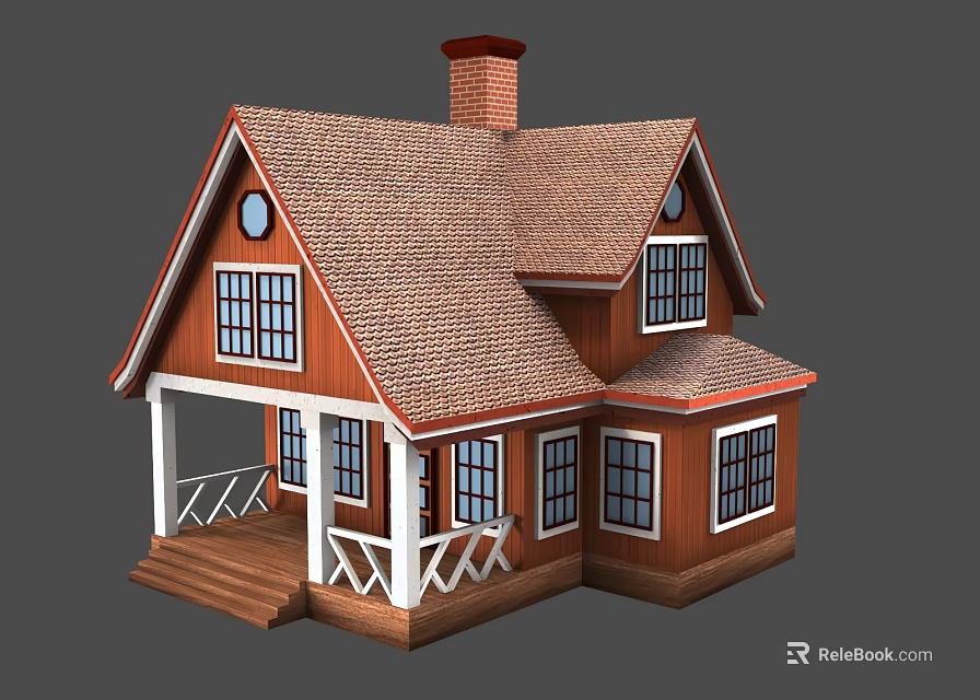Charming Detached House With Brown Tile Roof Chimney Porch And White Railings 3d model 