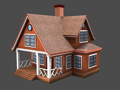 Charming Detached House With Brown Tile Roof Chimney Porch And White Railings 3d model