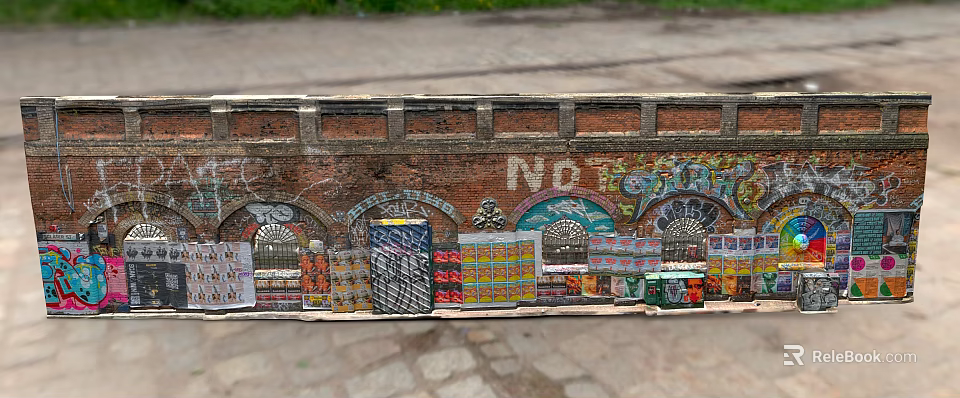 Building Exterior Wall Featuring Brick Structure Colorful Graffiti And Arched Doorways 3d model 