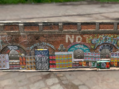 Building Exterior Wall Featuring Brick Structure Colorful Graffiti And Arched Doorways 3d model