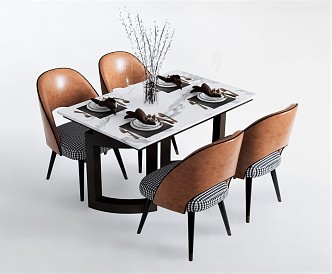 Modern Dining Table and Chair Combination Dining Table and Chair Dining Table Dining Chair Tableware Ornaments Plant 3d model