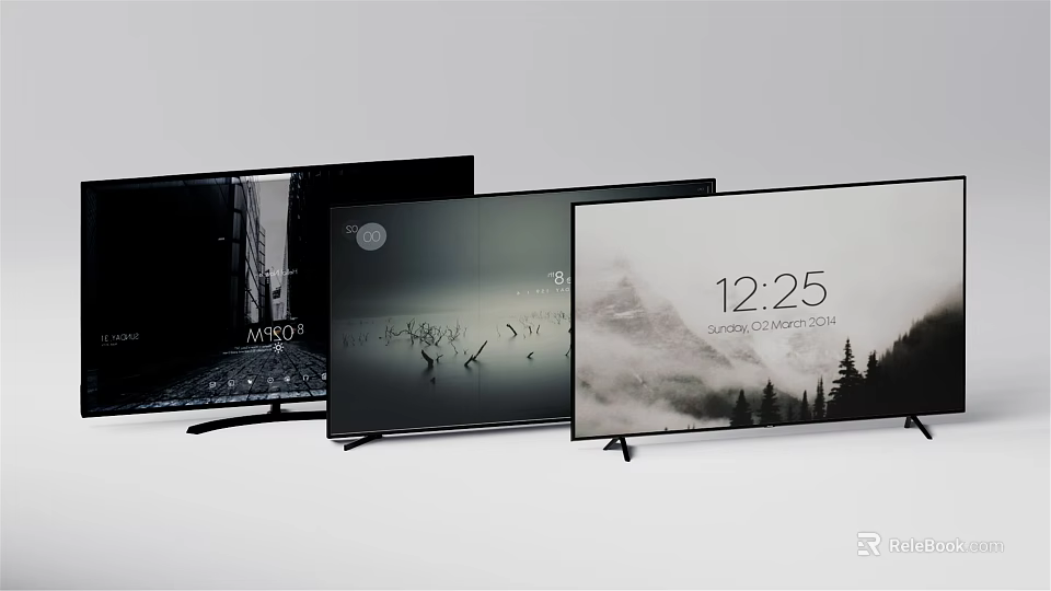 Three Televisions Arranged Side By Side With Different Screen Displays In Product Showcase 3d model 