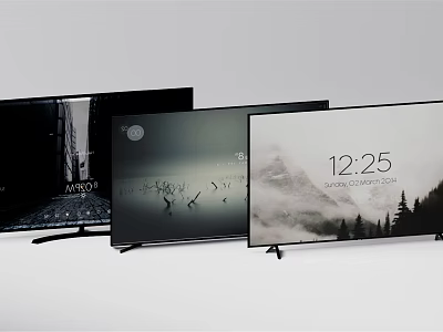 Three Televisions Arranged Side By Side With Different Screen Displays In Product Showcase 3d model
