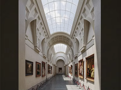 Museum Gallery Hall With Arched Glass Skylight Natural Light And Paintings On Both Sides 3d model