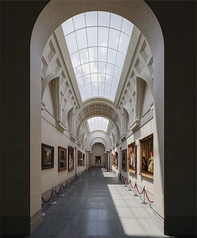 Museum Gallery Hall With Arched Glass Skylight Natural Light And Paintings On Both Sides 3d model