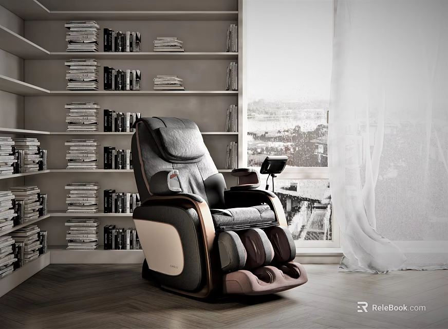 Comfortable Massage Chair in Cozy Room with Bookshelves Wooden Floor and City View 3d model 