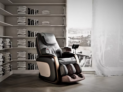 Comfortable Massage Chair in Cozy Room with Bookshelves Wooden Floor and City View 3d model