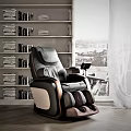 Comfortable Massage Chair in Cozy Room with Bookshelves Wooden Floor and City View