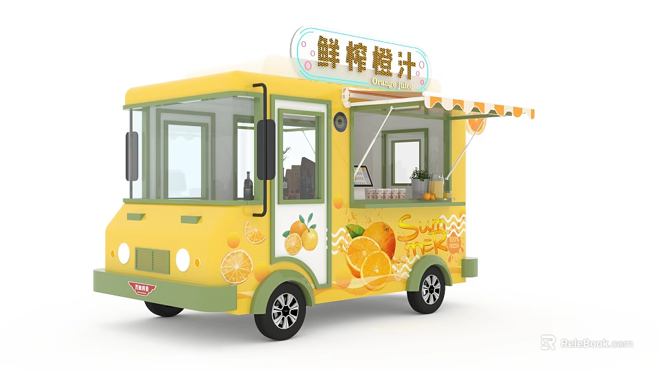 Yellow Mobile Orange Juice Truck With Freshly Squeezed Sign Awning And Orange Patterns 3d model 