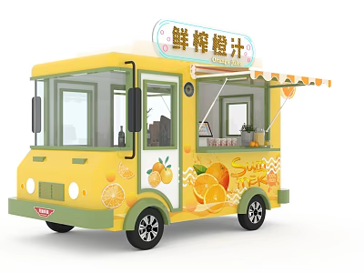 Yellow Mobile Orange Juice Truck With Freshly Squeezed Sign Awning And Orange Patterns 3d model