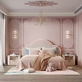 Cozy Children's Room Interior With Pink Walls Headboard Stuffed Toys Soft Rug And Chandelier